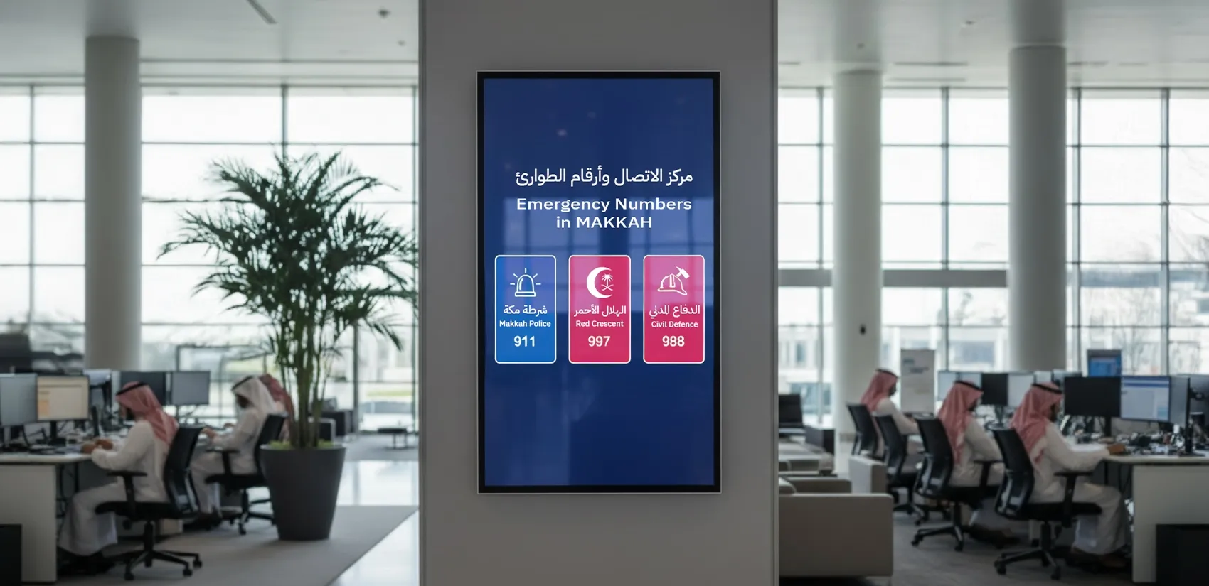 An informational graphic displaying essential contact centers and emergency telephone numbers for residents and visitors in Makkah.